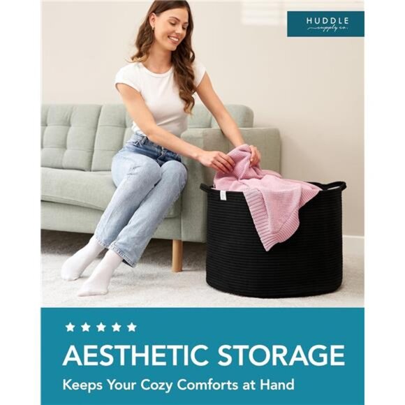 Extra Large Black Woven Basket 2 Pack Blanket Toy Laundry Storage Baskets - Picture 4 of 7